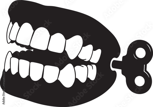 Chattering teeth wind-up toy vector illustration, silhouette of classic novelty item, black outline sketch