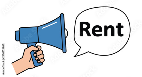A blue megaphone with a hand and speech bubble displaying the word rent