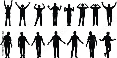Man Silhouette Set Expressing Various Emotions and Gestures Like Cheering Wondering Shrugging and Raising Hands in Excitement Isolated on White Background