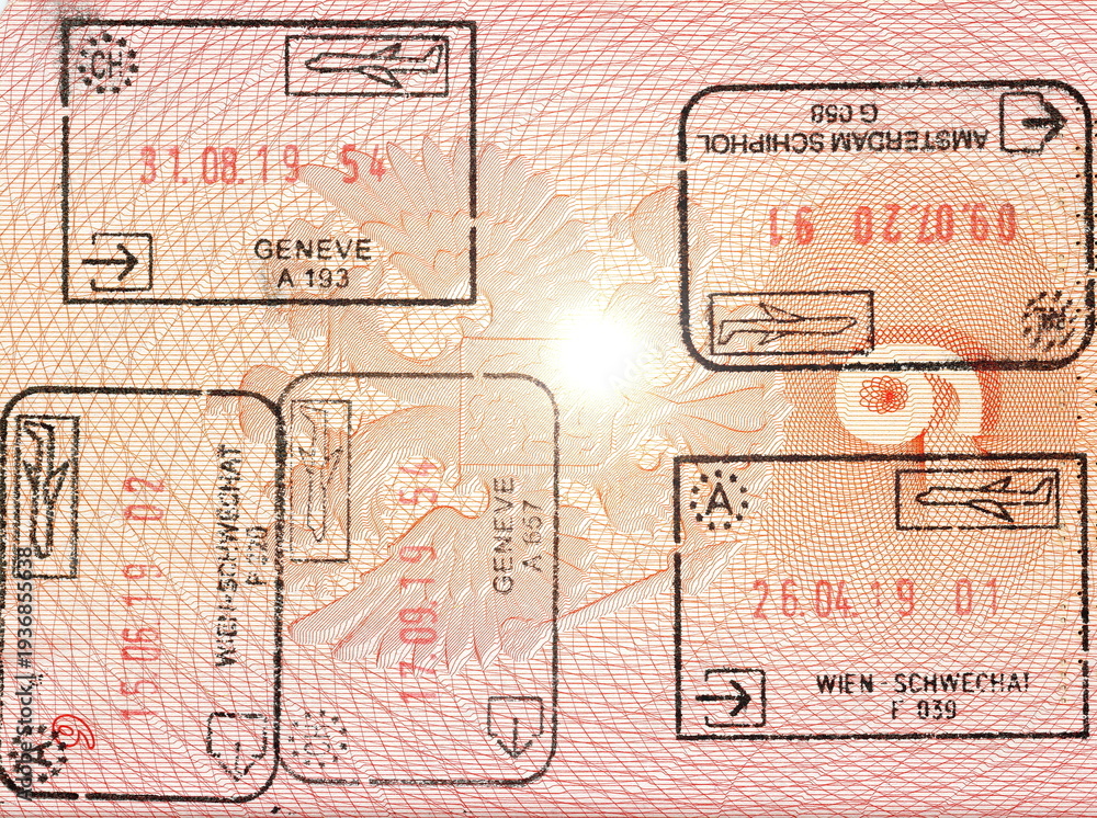 Fototapeta premium Passport control in the airport. Visiting Swiss city of Geneva. Amazing Switzerland. Genève. Austria. The Netherlands. Stamps on the passport page left by an official