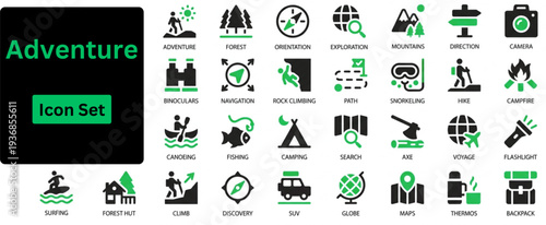 Silhouette vector of Adventure icon set. Travel and adventure solid icon set. Vector icons depicting diverse travel destinations, nature, transportation, and outdoor recreation. 