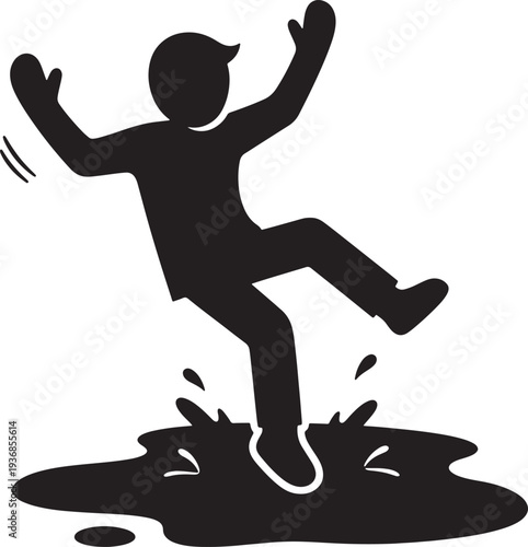 Person slipping on wet floor, falling hazard icon, danger of slippery surface, accidental fall, symbol of accidents and clumsiness