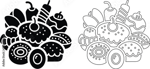 Black and white illustration of abstract bug creatures with decorative patterns