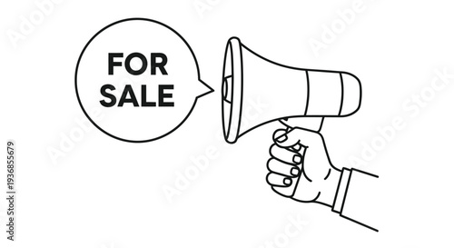 A hand holding a megaphone with the text for sale inside a speech bubble