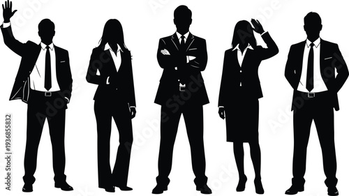 Professional business team silhouettes standing in formal suits, diverse corporate group flat vector illustration for office leadership and success concepts.