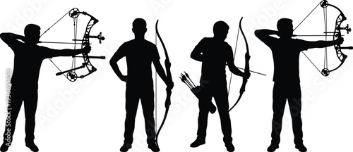Archer silhouette set bow and arrow shooting archery sport hunter target practice black vector illustration isolated