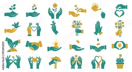 Set of hand icons depicting care, growth, nature, love, community, and support. Vector illustrations for environmental protection, charity, and human connection.