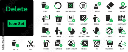 Silhouette vector of Delete icon set. Delete solid icon set. Erase, trash can, remove, wrong, bin, cross, button, basket, cancel, undo, throw, refuse and more. Solid icons set. 