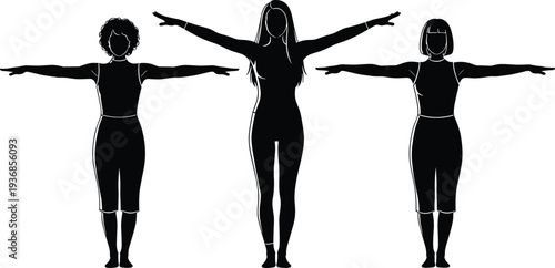 Professional set of black silhouettes featuring diverse women in athletic wear standing with arms outstretched for fitness, yoga, and stretching exercises.