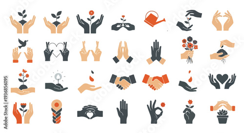 Vector icon set of hands: care, growth, charity, community, support, peace. Diverse human interaction gestures for social responsibility and helping themes.