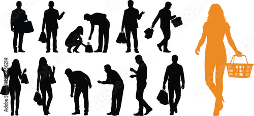 Set of black and orange silhouettes featuring men and women shopping carrying bags and a basket representing retail consumer lifestyle and commerce.