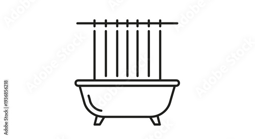 Bathtub with Shower Curtain Icon Vector Illustration, Bathroom Fixture Symbol, Cleanliness and Hygiene Concept Graphic for Web and App Design