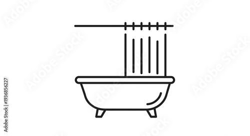 Bathtub with Shower Curtain Vector Illustration, Minimalist Line Art Graphic, Bathroom and Hygiene Concept