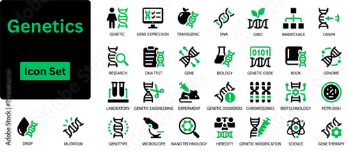 Silhouette vector of Genetics icon set. Genetics and biotechnology icon set featuring DNA research medical science laboratory analysis and bioengineering symbols. 