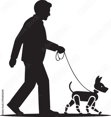 Man walking small dog on leash in silhouette