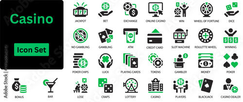 Silhouette vector of Casino icon set. Casino icon set. Gambling, dice, chip, croupier, suits, clubs, hearts, money, luck, joker, diamonds, spades, domino, game cards, jackpot, roulette, etc.