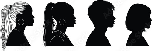 Set of black profile silhouettes of diverse young men and women with various hairstyles, isolated on white background, flat vector illustration.