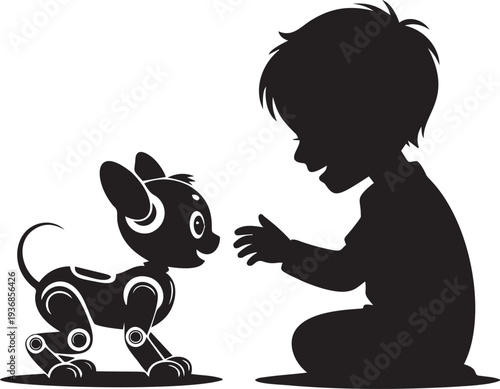 Little boy playing with futuristic robot dog friend vector silhouette art