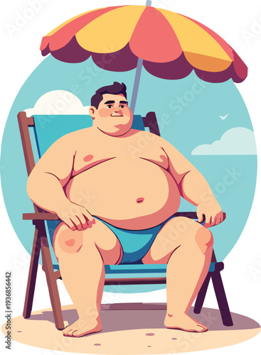  uomo seduto su sedia al mare in spiaggia con ombrellone che prende il sole in costume da bagno vettoriale 