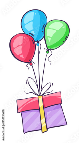 Gifts and colorful balloons for holiday. Packed Christmas or Birthday presents in the boxe with bow. Hand drawn. Isolated on white background. Vector illustration