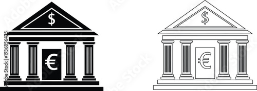 Bank building facades with currency symbols