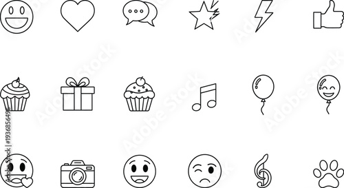 A fun and expressive set of black and white outline icons featuring popular social media reactions, emojis, and celebratory elements like hearts, stars, gifts, and balloons for digital engagement.