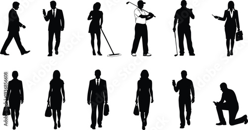 Set of black silhouettes featuring business people walking using phones carrying bags and a golfer and cleaner representing various professional occupations and lifestyle