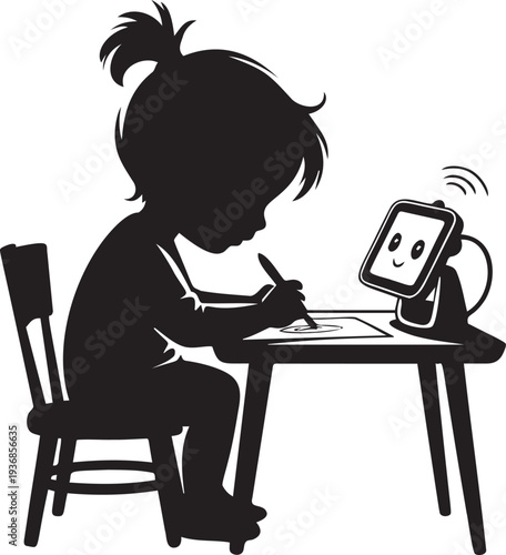 Silhouette of girl drawing on tablet with stylus and happy screen