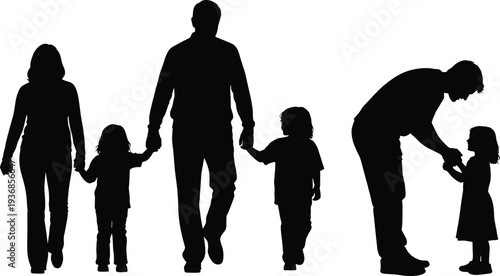 Set of black silhouettes featuring families, senior hikers, business professionals, sports athletes, and scuba divers for diverse lifestyle and commercial design