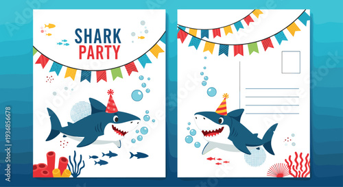 Two aquatic themed card designs feature a friendly shark wearing a party hat, surrounded by bubbles and festive bunting for a shark party.