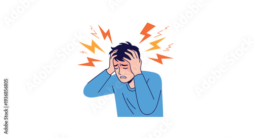 Illustration of a man holding his head in pain representing a severe headache or migraine with lightning symbols for stress.