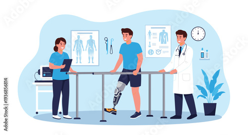 Medical professional and a nurse are assisting a man with a prosthetic leg as he practices walking between parallel bars in a clinic.