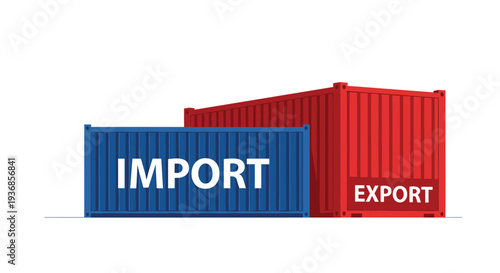 Blue and red shipping containers labeled as import and export respectively for international trade and global logistics concepts.