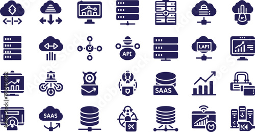 Cloud Computing, SaaS, and API Architecture Glyph Icon Set