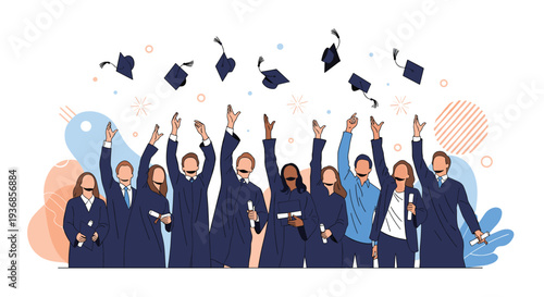 Group of graduates in blue gowns and caps celebrating their graduation by throwing their mortarboards into the air with joy.