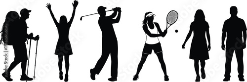 Set of black silhouettes featuring professional business women, active sports athletes, scuba divers, and diverse people in various lifestyle and commercial poses
