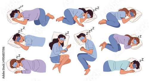 Diverse people in pajamas wearing eye masks sleep in various comfortable positions on soft pillows as shown in a detailed flat vector illustration.