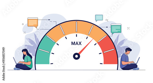 Professional man and woman work intently on their laptops as a large gauge points to maximum performance and internet speed in the center of the scene.