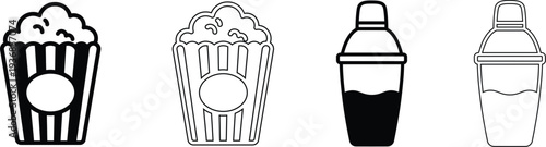Black and white illustration of popcorn bucket soda fountain cup soda bottle and salt shaker