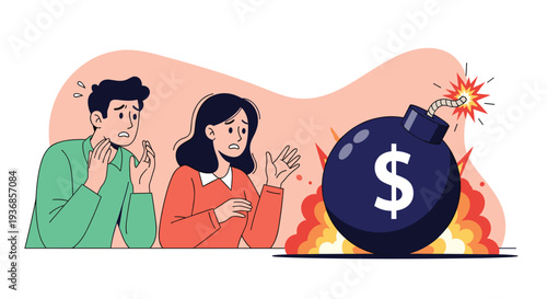 Concerned couple looks on with shock and anxiety at a large black bomb with a dollar sign as the fuse burns towards a major financial explosion.
