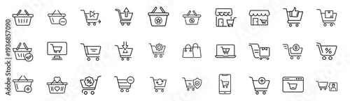Shopping cart and basket line icon set featuring online store ecommerce checkout delivery and retail business for web shop and more vector illustration or editable stroke