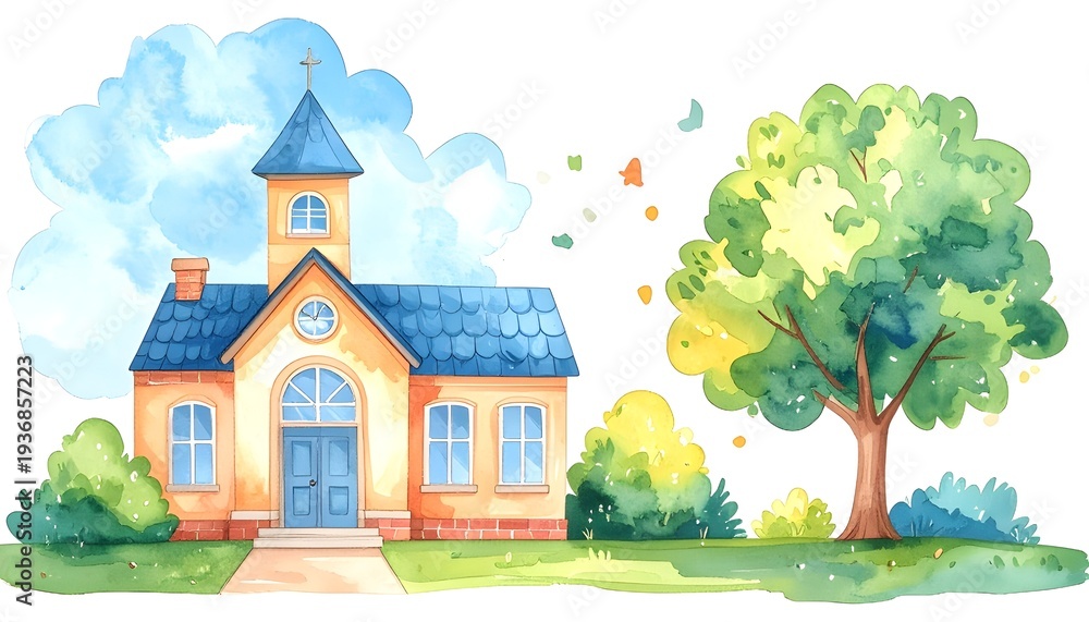Naklejka premium Watercolor Simple School House and Tree