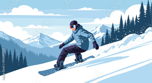 Skilled snowboarder wearing blue gear slides down a steep snow-covered mountain slope with pine trees and high peaks in the distance on a winter day.