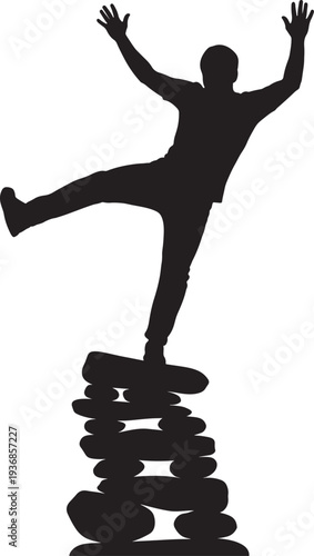 Silhouette of person balancing on stacked stones, precarious situation, risk, adventure, challenge, equilibrium, unsteady pose, outdoor activity, stone cairn, careful footing