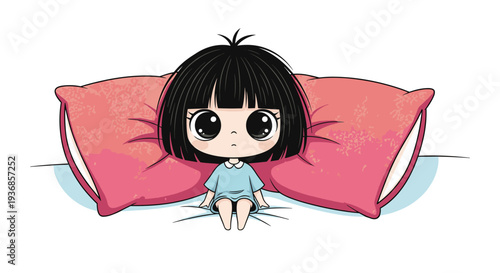 Adorable little girl with a short black bob and large expressive eyes sits lonely between two oversized pink pillows on a bed in a simple room.