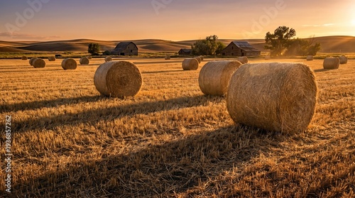 Agricultural field with hay bales and old barn structures. Rural farm landscape at sunset. Farming, harvest, rustic life concept.