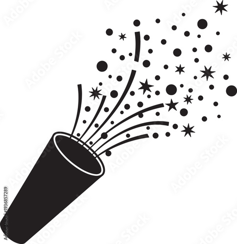 Party popper exploding confetti, celebration, festive occasion, bright surprise, happy event, confetti shower, streamers, stars, dots, fun element, festive background