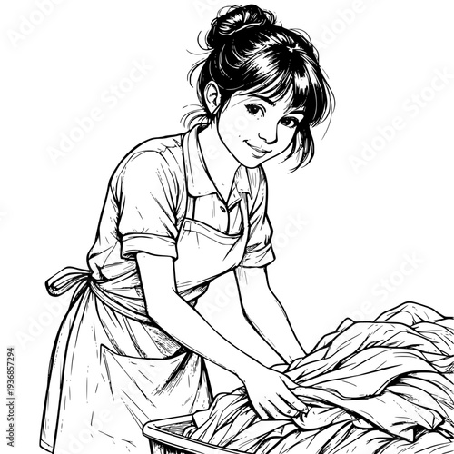 Girl in an apron with trash can holds bed linen for washing, black and white sketch. Vector illustration. A laundress washes hotel towels. Concept for tidiness, and home and office cleaning services.
