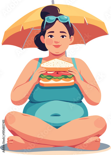 donna seduta in spiaggia che mangia cibo in costume da bagno vettoriale 