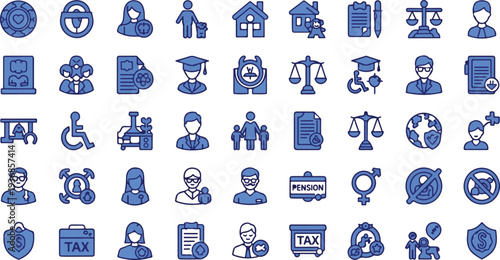 Law Justice, Government Policy, and Social Welfare Vector Icon Set